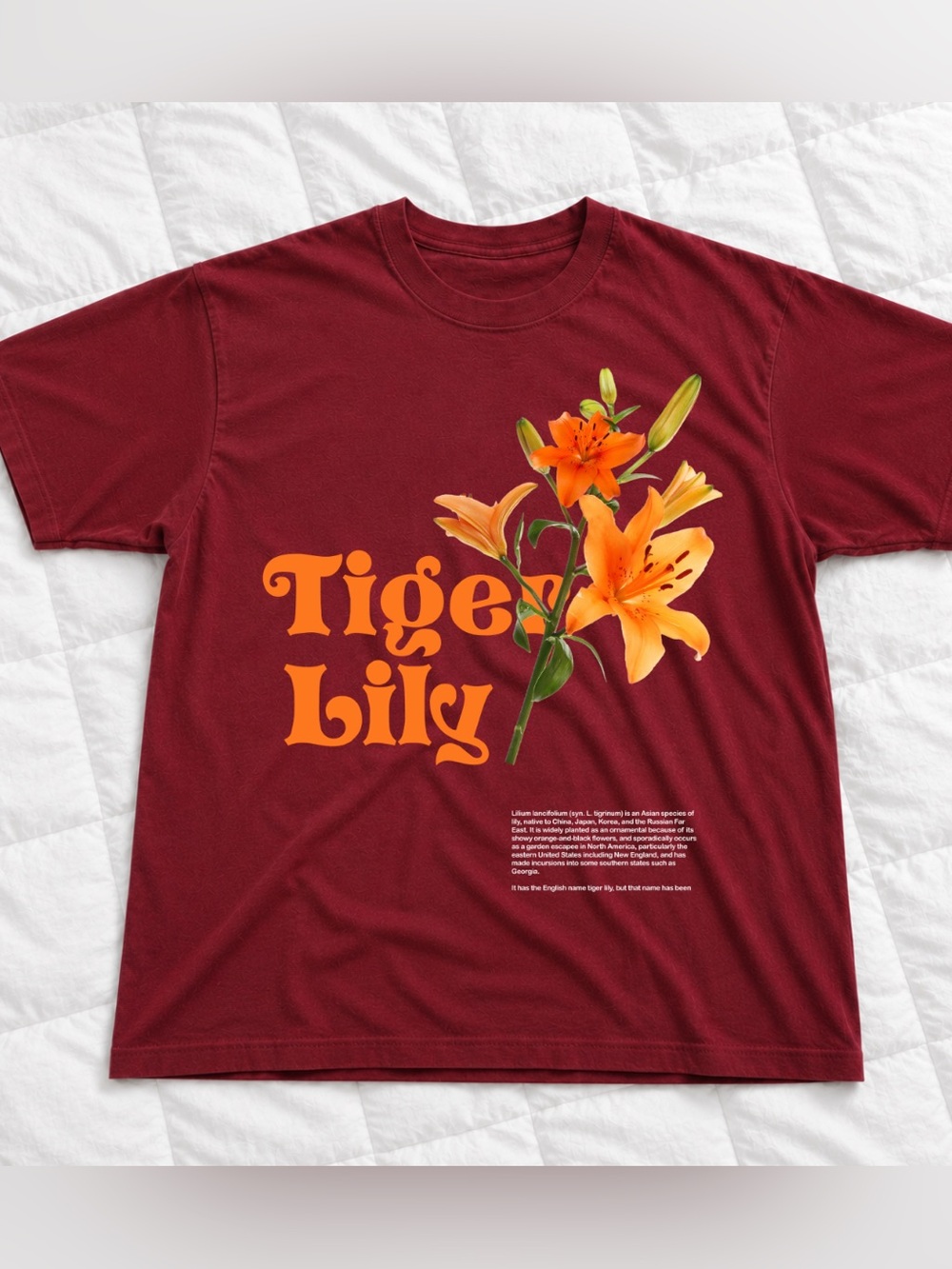 Gildan Red Tiger Lily Graphic T-Shirt, Orange Floral And Retro Text